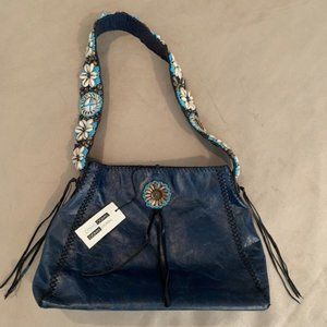 Tango Leather Bag (NEW WITH TAGS) Dark Blue with Seashells and Beads.